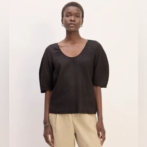 Everlane THE SCOOP TOP IN LINEN Black Puff Sleeve Blouse Large